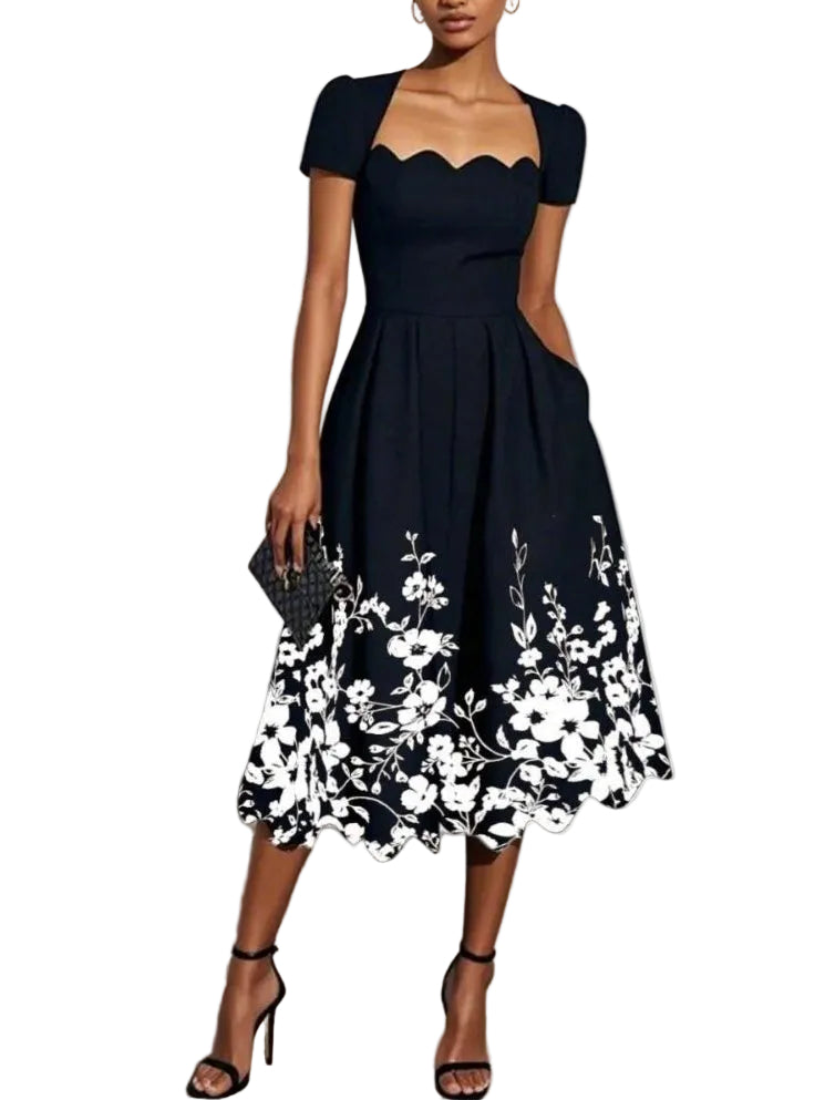 Black Floral Print Irregular Square Neck Short Sleeve A-line Midi Dress
