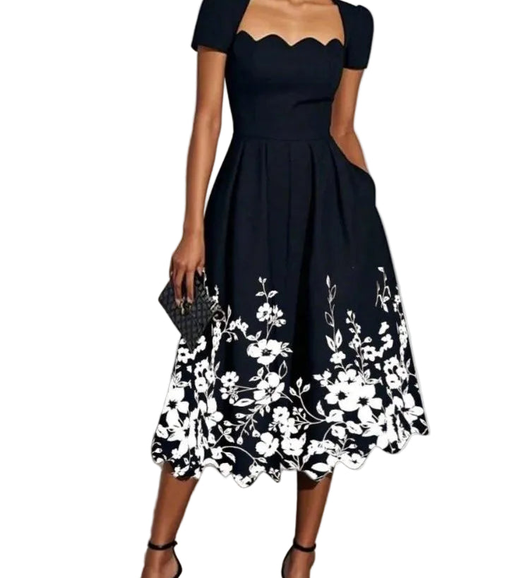 Black Floral Print Irregular Square Neck Short Sleeve A-line Midi Dress