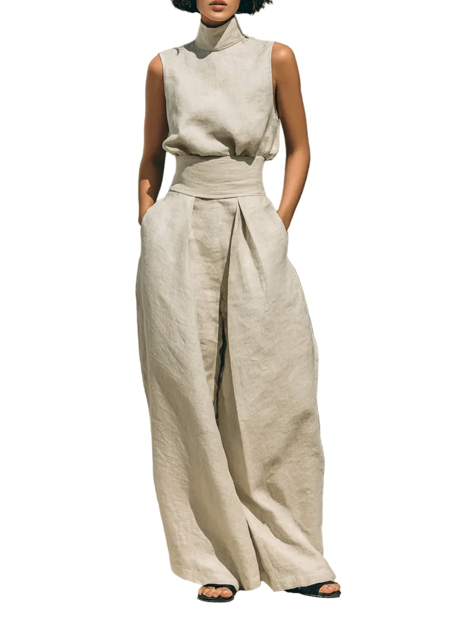 CONJUNTO BEIGE SIN MANGAS CON PANTALÓN DE PIERNA ANCHA - VALERINA MARBELLA