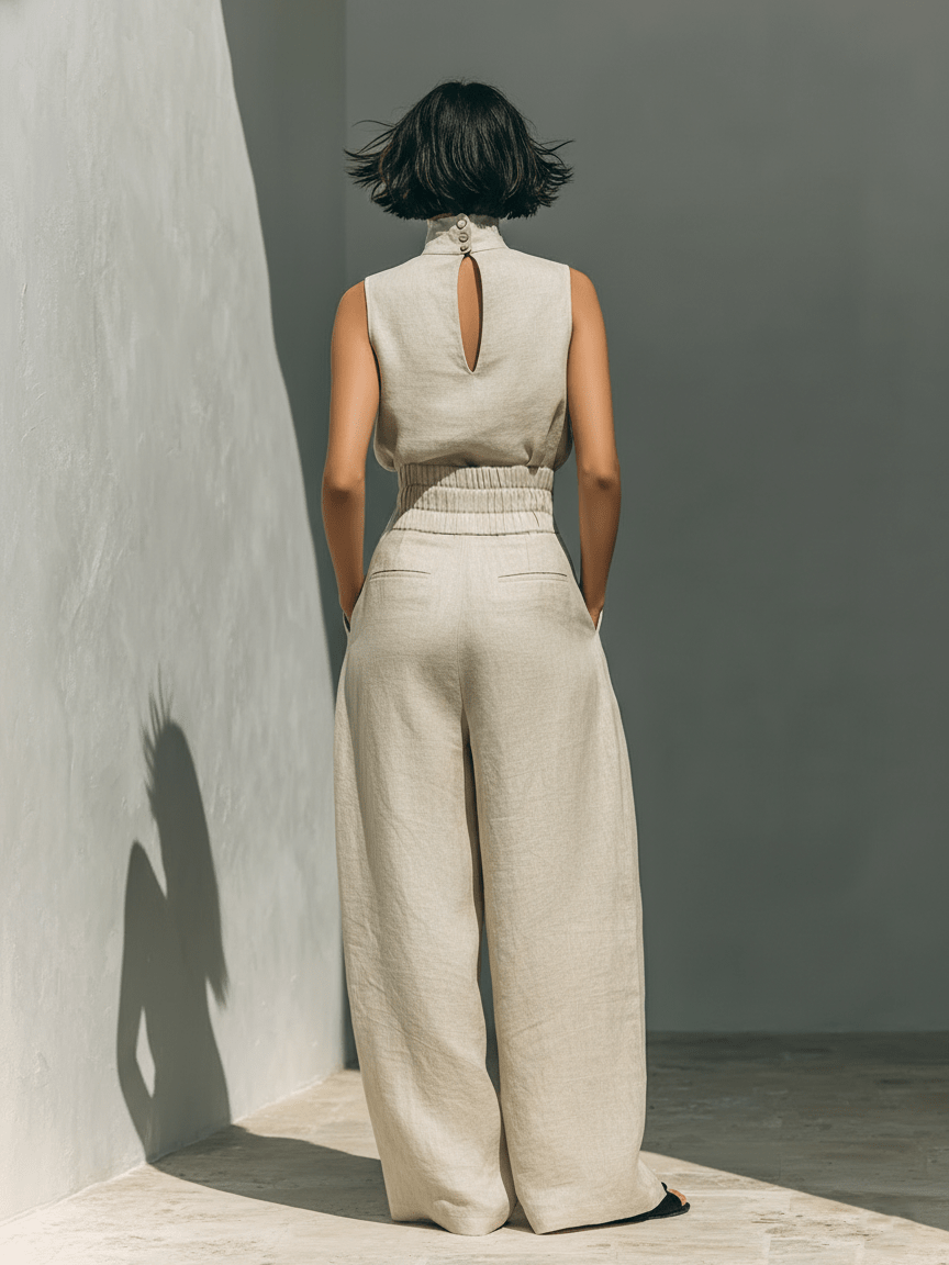 CONJUNTO BEIGE SIN MANGAS CON PANTALÓN DE PIERNA ANCHA - VALERINA MARBELLA