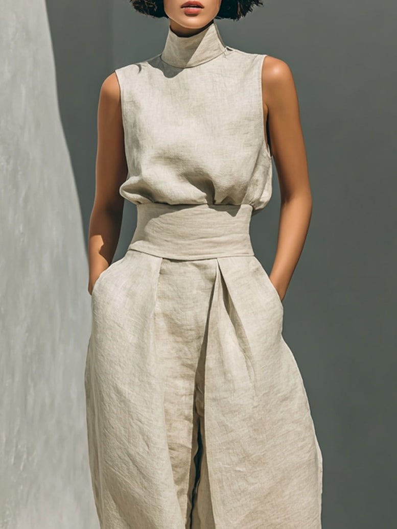 CONJUNTO BEIGE SIN MANGAS CON PANTALÓN DE PIERNA ANCHA - VALERINA MARBELLA