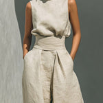 CONJUNTO BEIGE SIN MANGAS CON PANTALÓN DE PIERNA ANCHA - VALERINA MARBELLA