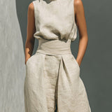 CONJUNTO BEIGE SIN MANGAS CON PANTALÓN DE PIERNA ANCHA - VALERINA MARBELLA