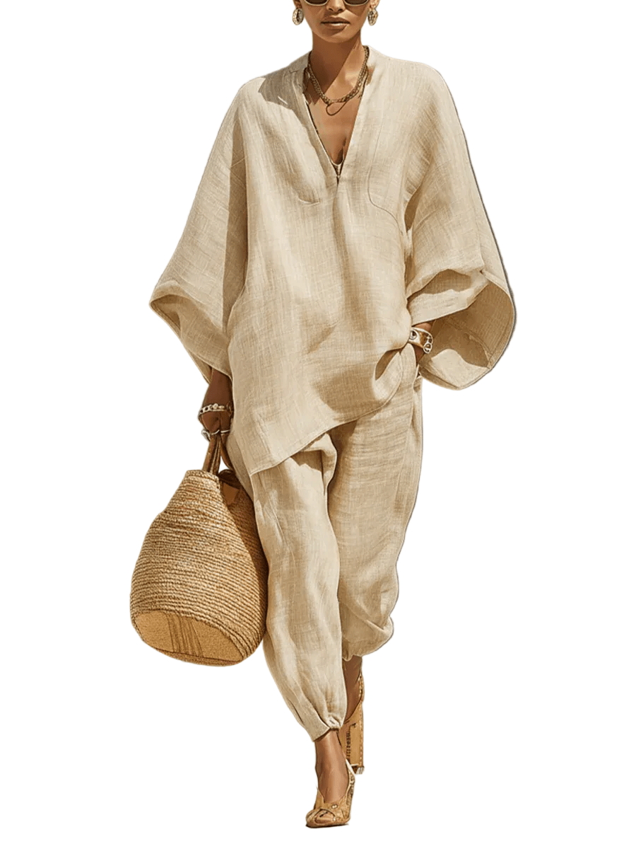 CONJUNTO MINIMALISTA KHAKI CLARO CON TOP ASIMÉTRICO - VALERINA MARBELLA