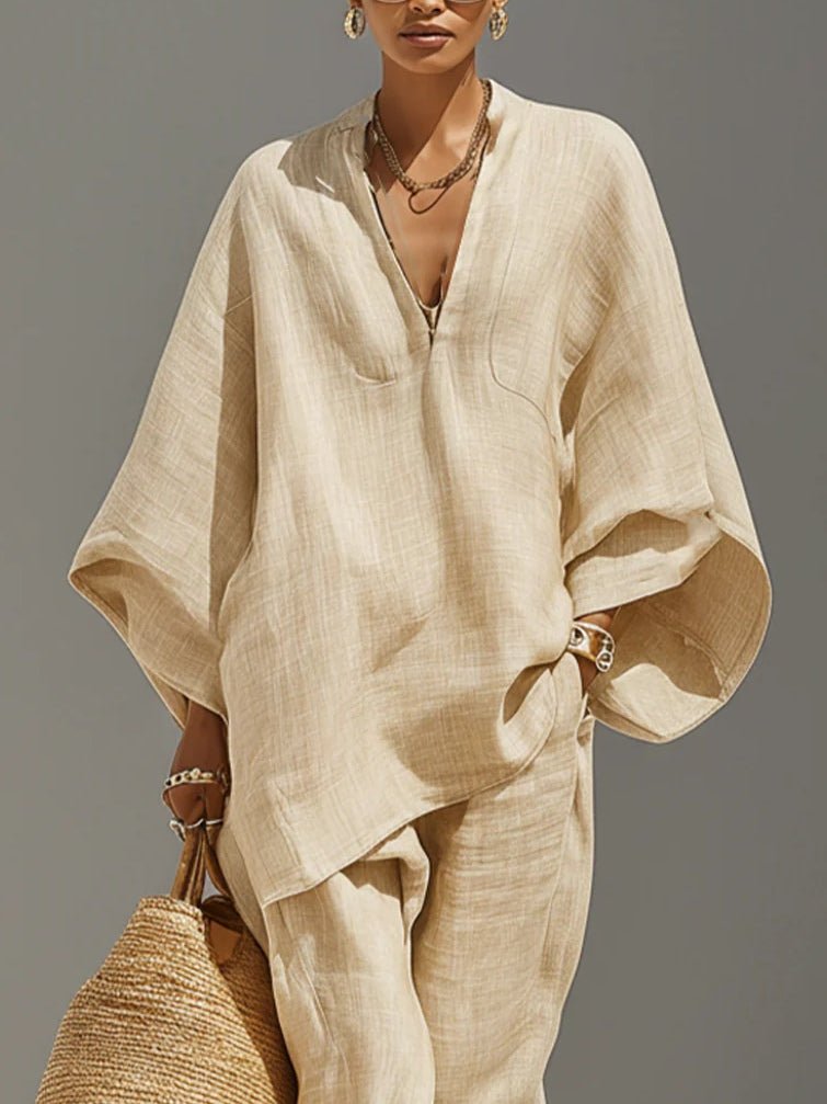 CONJUNTO MINIMALISTA KHAKI CLARO CON TOP ASIMÉTRICO - VALERINA MARBELLA