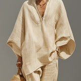 CONJUNTO MINIMALISTA KHAKI CLARO CON TOP ASIMÉTRICO - VALERINA MARBELLA