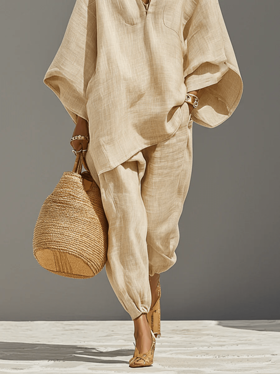 CONJUNTO MINIMALISTA KHAKI CLARO CON TOP ASIMÉTRICO - VALERINA MARBELLA