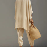 CONJUNTO MINIMALISTA KHAKI CLARO CON TOP ASIMÉTRICO - VALERINA MARBELLA