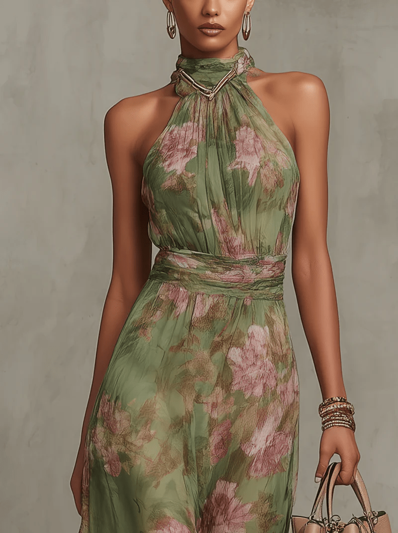 VESTIDO LARGO FLORAL VERDE CON ESCOTE HALTER - VALERINA MARBELLA