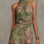 VESTIDO LARGO FLORAL VERDE CON ESCOTE HALTER - VALERINA MARBELLA