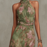 VESTIDO LARGO FLORAL VERDE CON ESCOTE HALTER - VALERINA MARBELLA