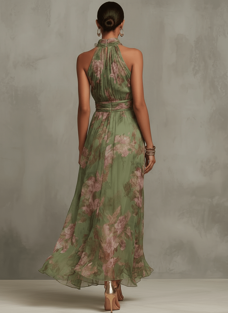 VESTIDO LARGO FLORAL VERDE CON ESCOTE HALTER - VALERINA MARBELLA
