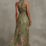 VESTIDO LARGO FLORAL VERDE CON ESCOTE HALTER - VALERINA MARBELLA