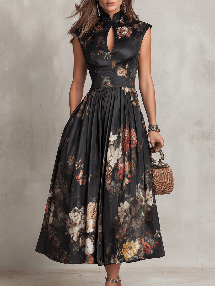 VESTIDO MIDI SATINADO CON ESTAMPADO FLORAL Y DETALLE KEYHOLE - VALERINA MARBELLA