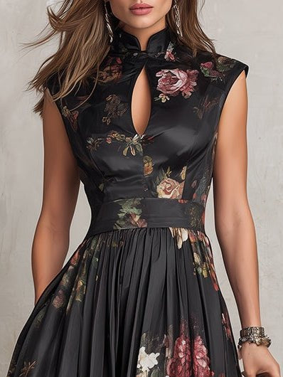 VESTIDO MIDI SATINADO CON ESTAMPADO FLORAL Y DETALLE KEYHOLE - VALERINA MARBELLA