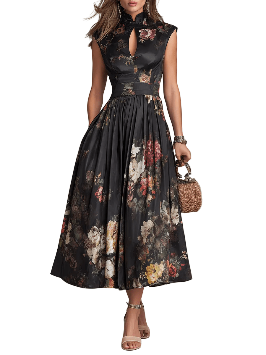 VESTIDO MIDI SATINADO CON ESTAMPADO FLORAL Y DETALLE KEYHOLE - VALERINA MARBELLA