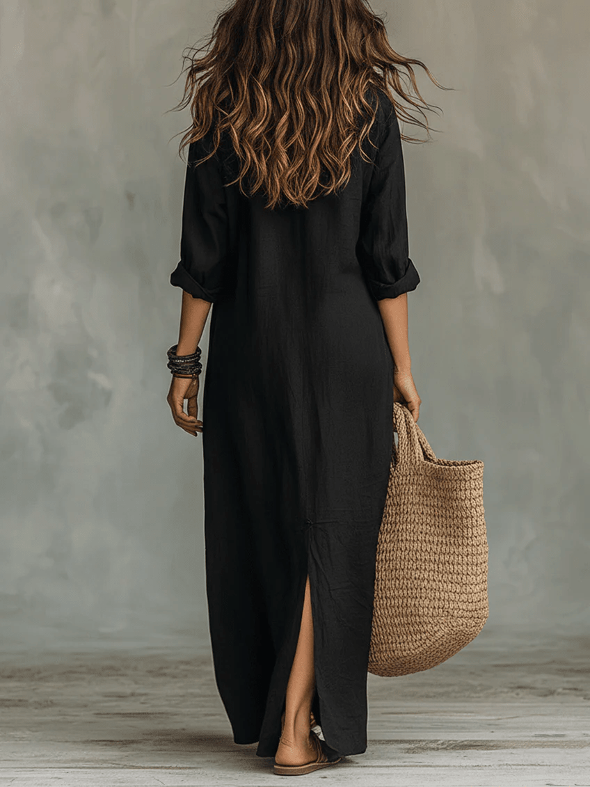 VESTIDO MAXI NEGRO CON BOTONES - VALERINA MARBELLA
