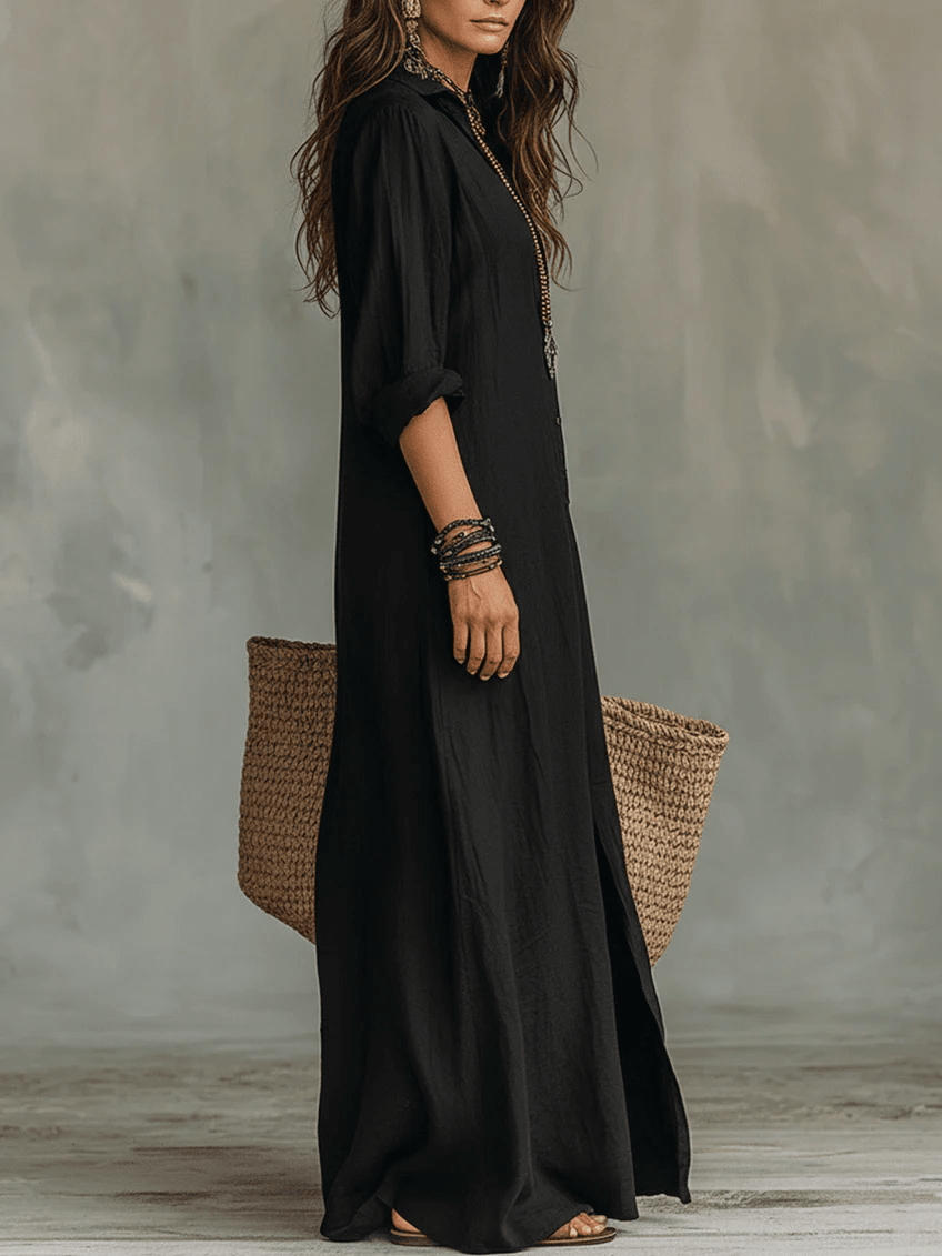 VESTIDO MAXI NEGRO CON BOTONES - VALERINA MARBELLA