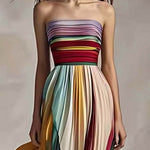Elegant Striped Printed Off-shoulder Pleated Bandeau Maxi Dress