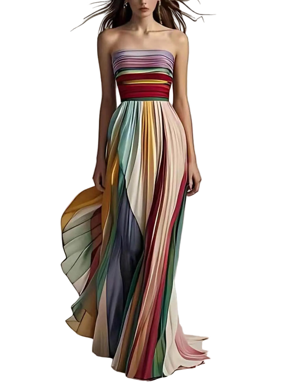 Elegant Striped Printed Off-shoulder Pleated Bandeau Maxi Dress