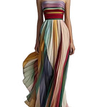 Elegant Striped Printed Off-shoulder Pleated Bandeau Maxi Dress