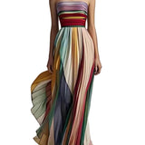 Elegant Striped Printed Off-shoulder Pleated Bandeau Maxi Dress