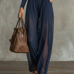 Navy Lace-Panel Long Sleeve Top And Sheer Pleated Wide-Leg Pants Set(with belt)