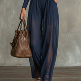 Navy Lace-Panel Long Sleeve Top And Sheer Pleated Wide-Leg Pants Set(with belt)