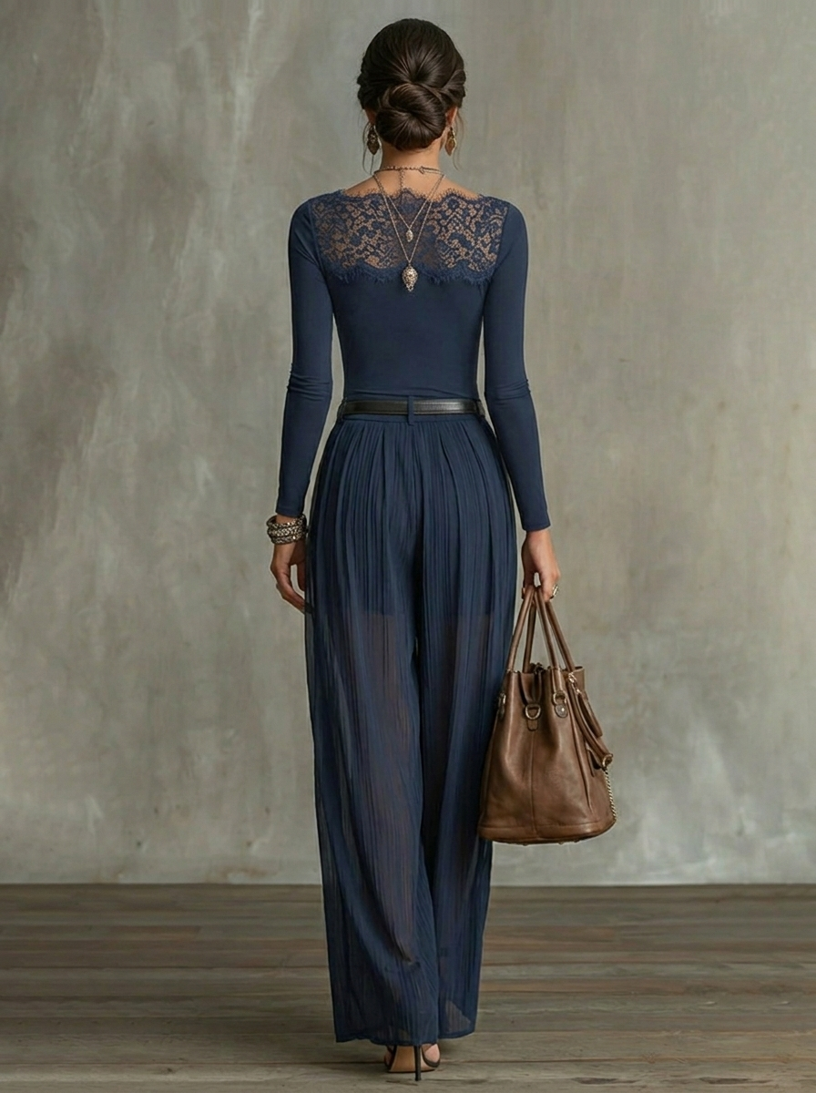 Navy Lace-Panel Long Sleeve Top And Sheer Pleated Wide-Leg Pants Set(with belt)