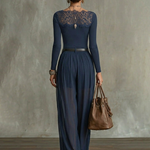 Navy Lace-Panel Long Sleeve Top And Sheer Pleated Wide-Leg Pants Set(with belt)