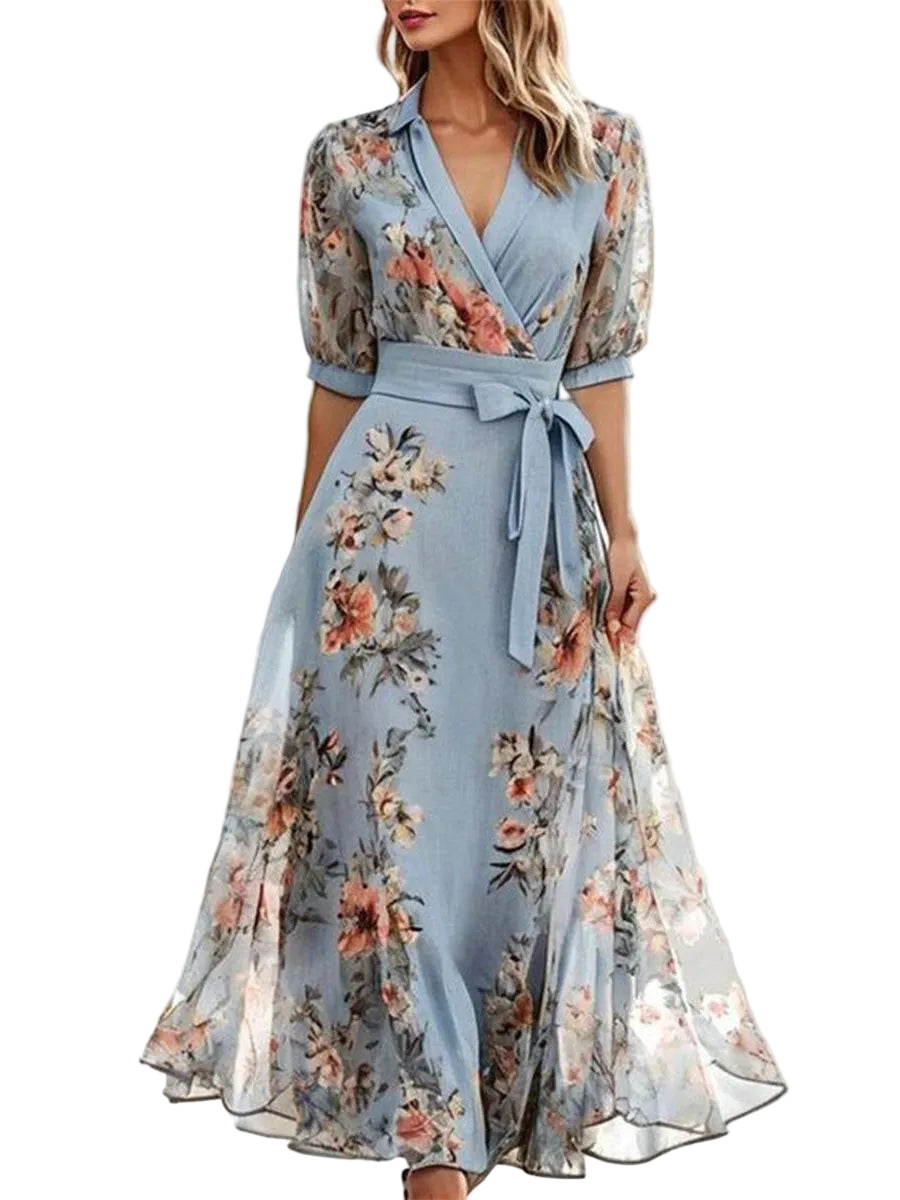 Floral Print V-Neck Short Sleeve Bow Waist Midi Dress