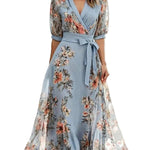 Floral Print V-Neck Short Sleeve Bow Waist Midi Dress