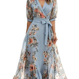 Floral Print V-Neck Short Sleeve Bow Waist Midi Dress