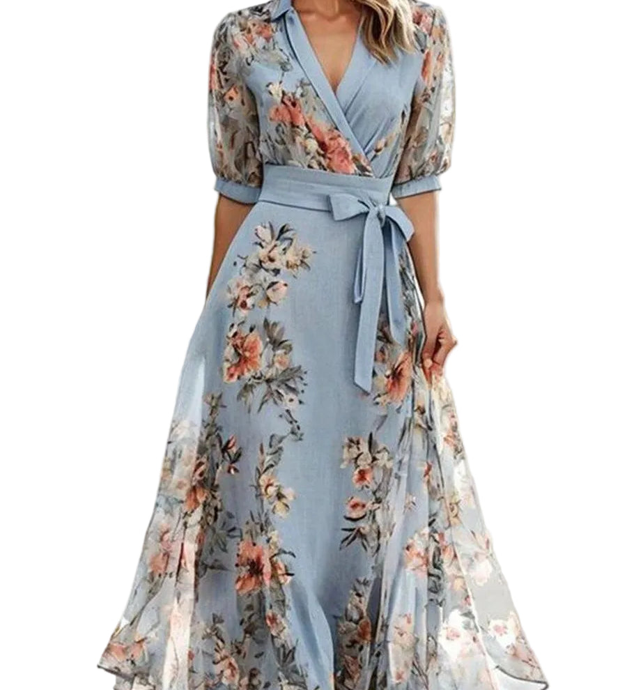 Floral Print V-Neck Short Sleeve Bow Waist Midi Dress