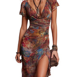 VESTIDO MIDI PLISADO CON ESTAMPADO ARTÍSTICO BOHO - VALERINA MARBELLA