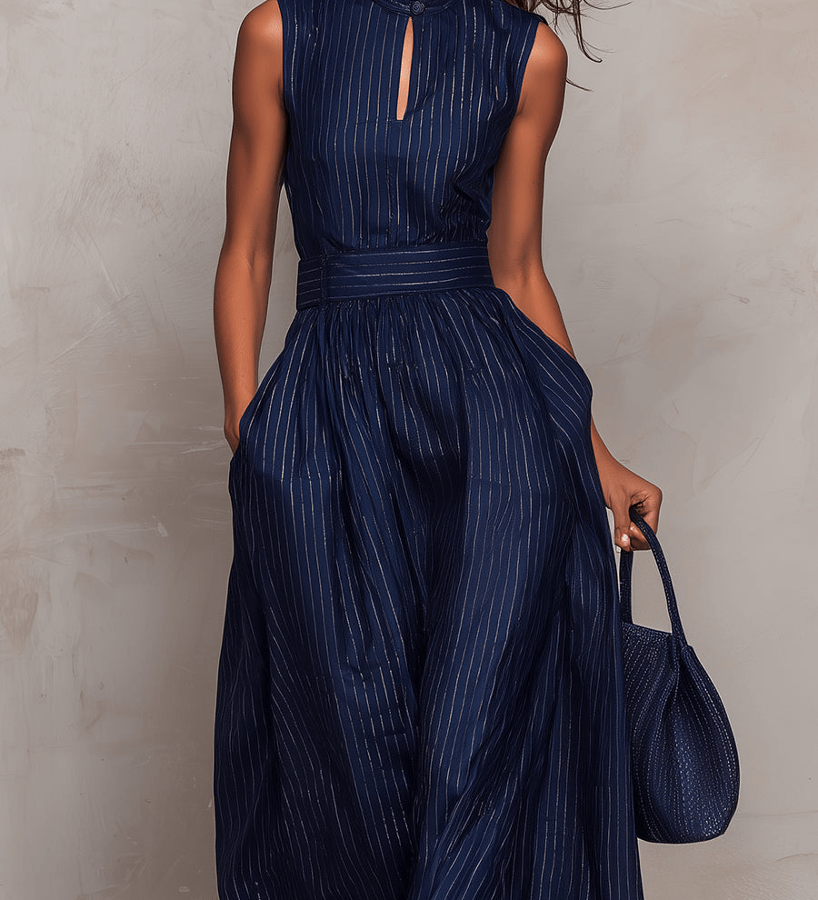 MONO AZUL OSCURO DE RAYAS CON ESCOTE KEYHOLE - VALERINA MARBELLA