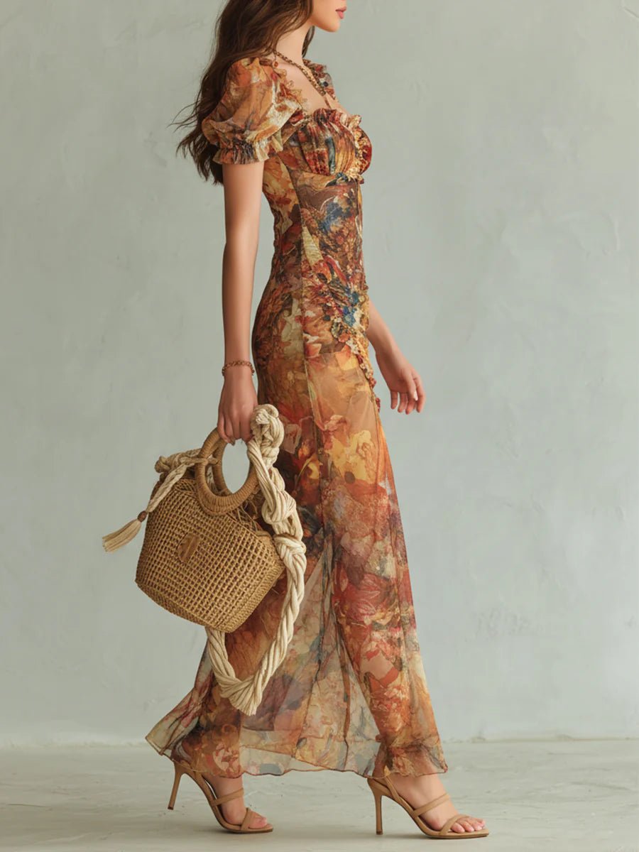 VESTIDO MAXI BOHEMIO NARANJA CON ESTAMPADO ARTÍSTICO - VALERINA MARBELLA