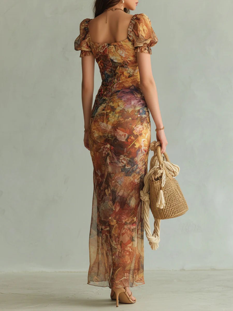 VESTIDO MAXI BOHEMIO NARANJA CON ESTAMPADO ARTÍSTICO - VALERINA MARBELLA
