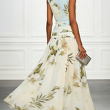 Blue And White Floral Ruffled Boat Neck Sleeveless Maxi Dress