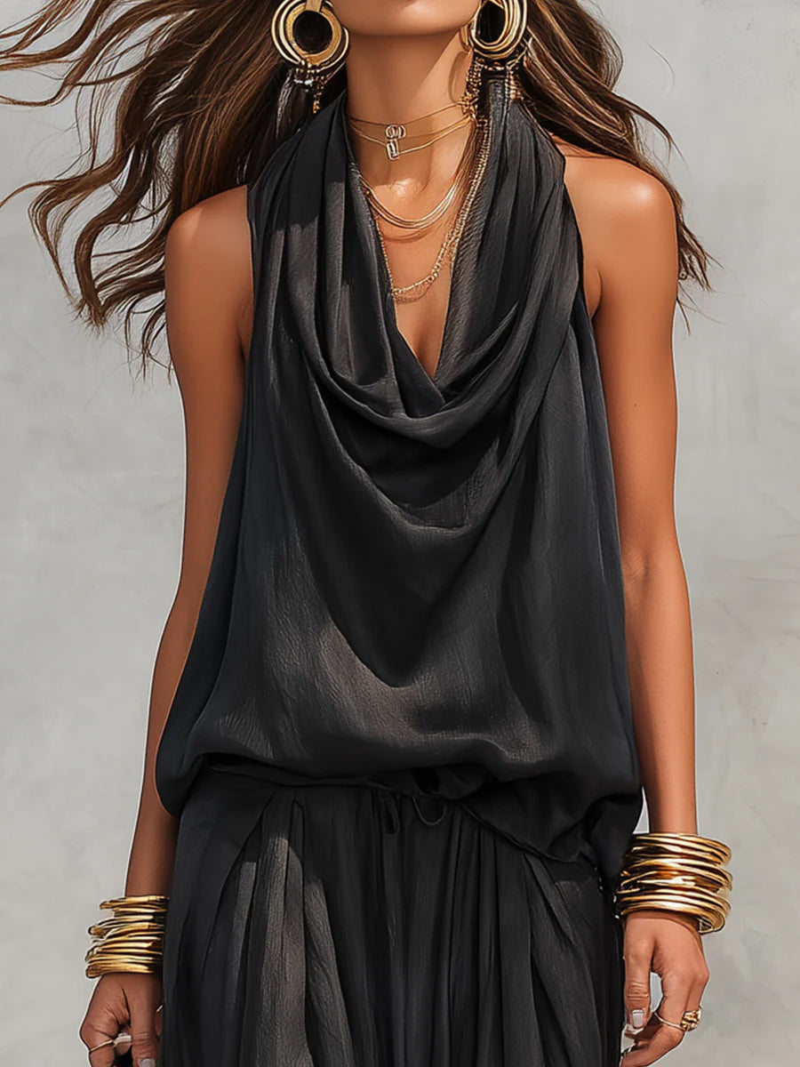 Black Halter Neck Sleeveless Top And Pleated Trousers Set