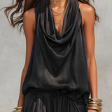 Black Halter Neck Sleeveless Top And Pleated Trousers Set