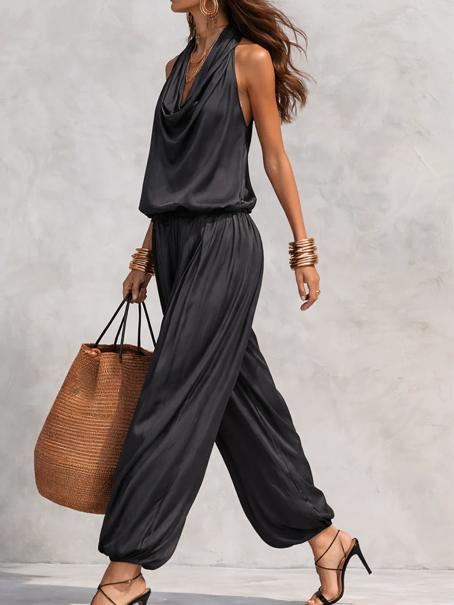 Black Halter Neck Sleeveless Top And Pleated Trousers Set