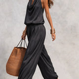 Black Halter Neck Sleeveless Top And Pleated Trousers Set