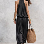Black Halter Neck Sleeveless Top And Pleated Trousers Set
