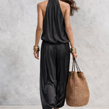 Black Halter Neck Sleeveless Top And Pleated Trousers Set