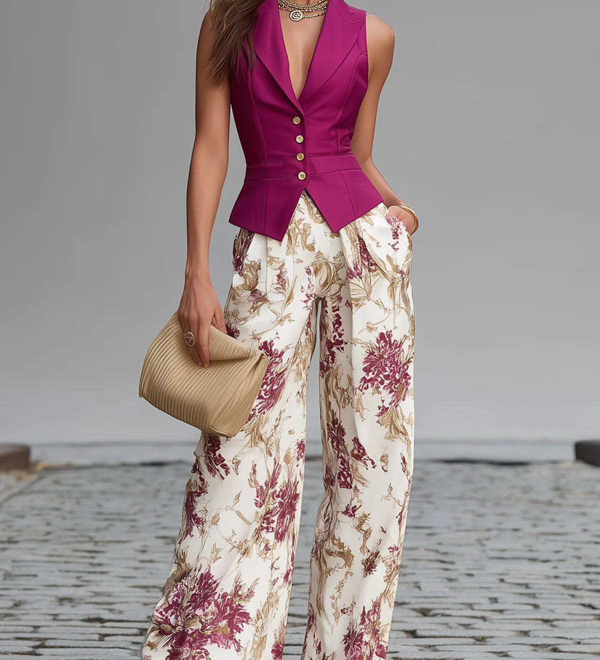 Rose Pink Sleeveless Vest And Floral Printed Wide-leg Pants Set