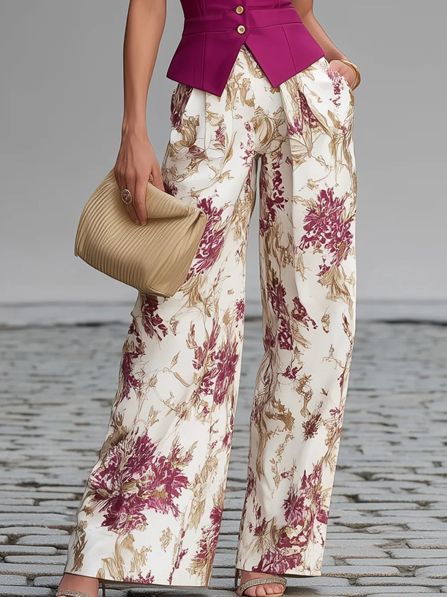 Rose Pink Sleeveless Vest And Floral Printed Wide-leg Pants Set