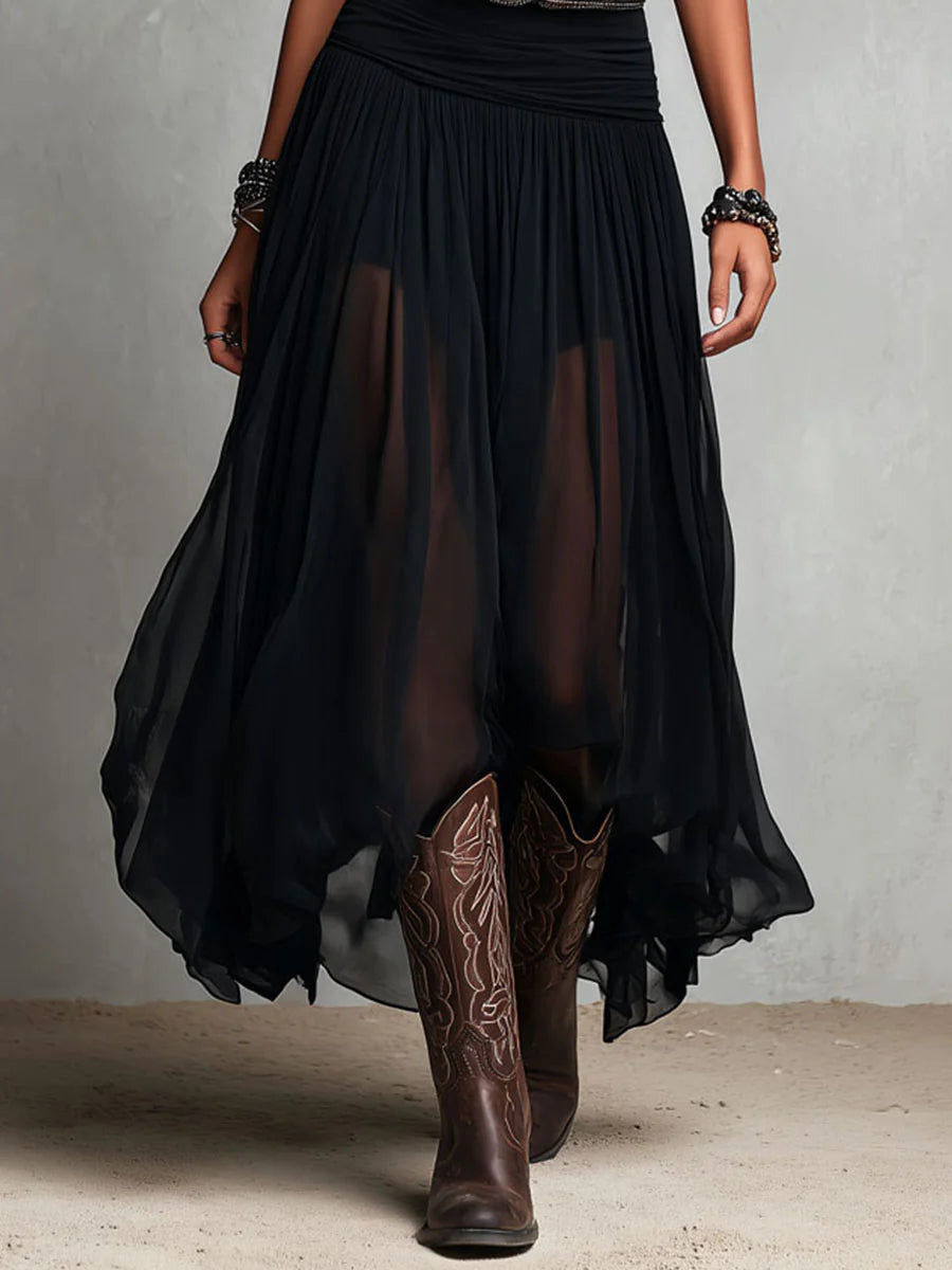 Black Sleeveless Tank Top With Tulle Skirt Maxi Dress(with belt)