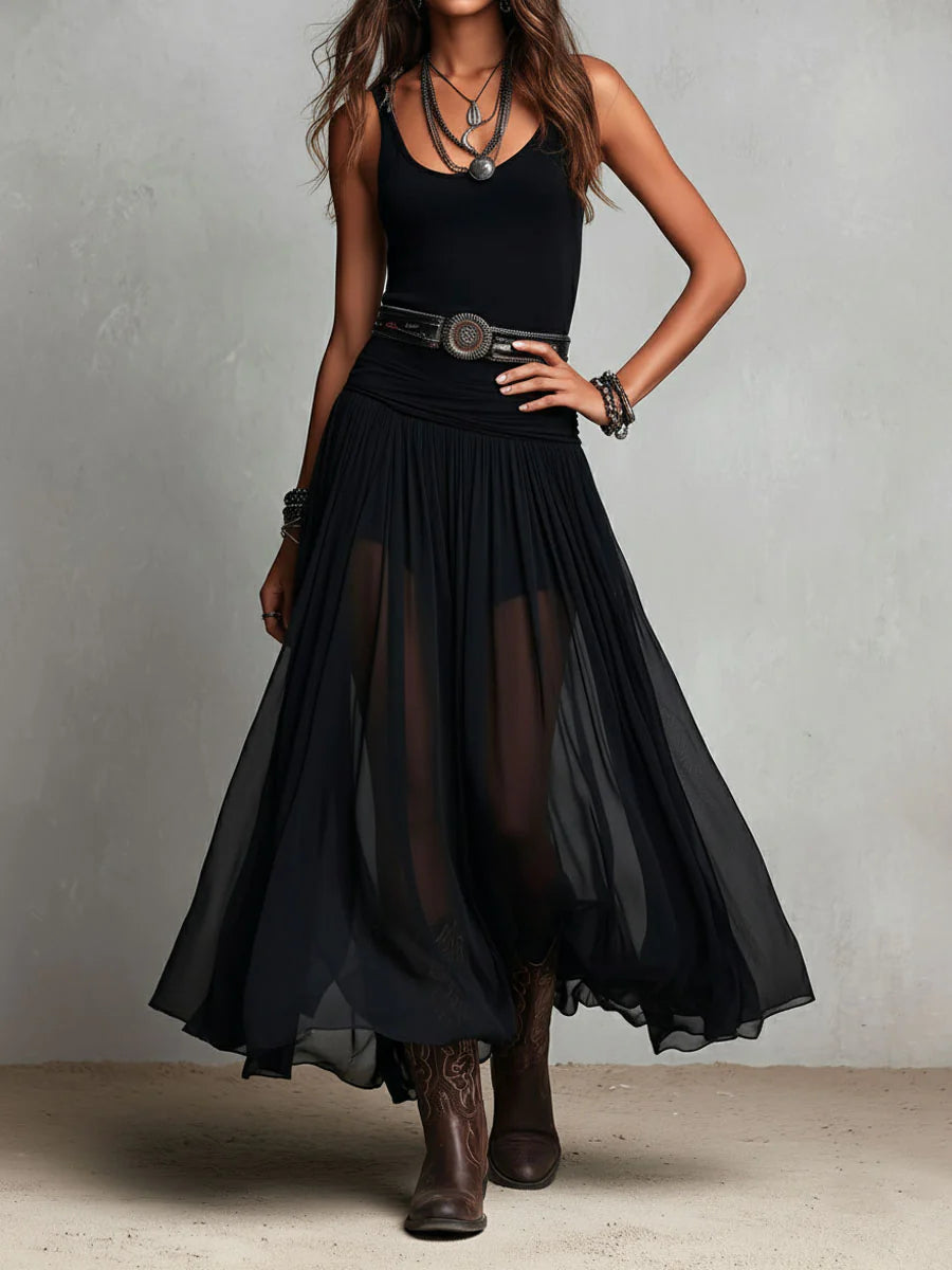 Black Sleeveless Tank Top With Tulle Skirt Maxi Dress(with belt)