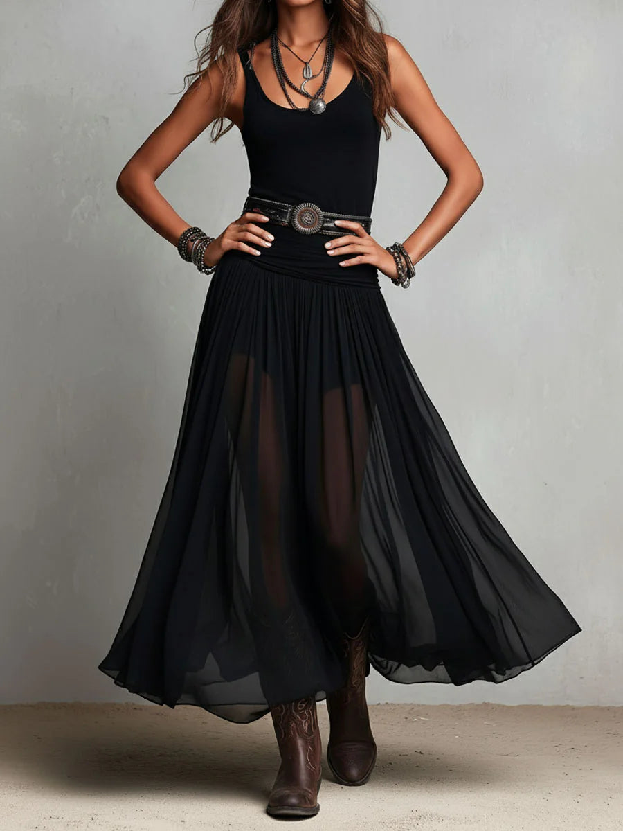 Black Sleeveless Tank Top With Tulle Skirt Maxi Dress(with belt)